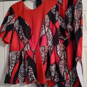 Two-Piece Short-Sleeved Dress Set with Red Background and Varied Color Design